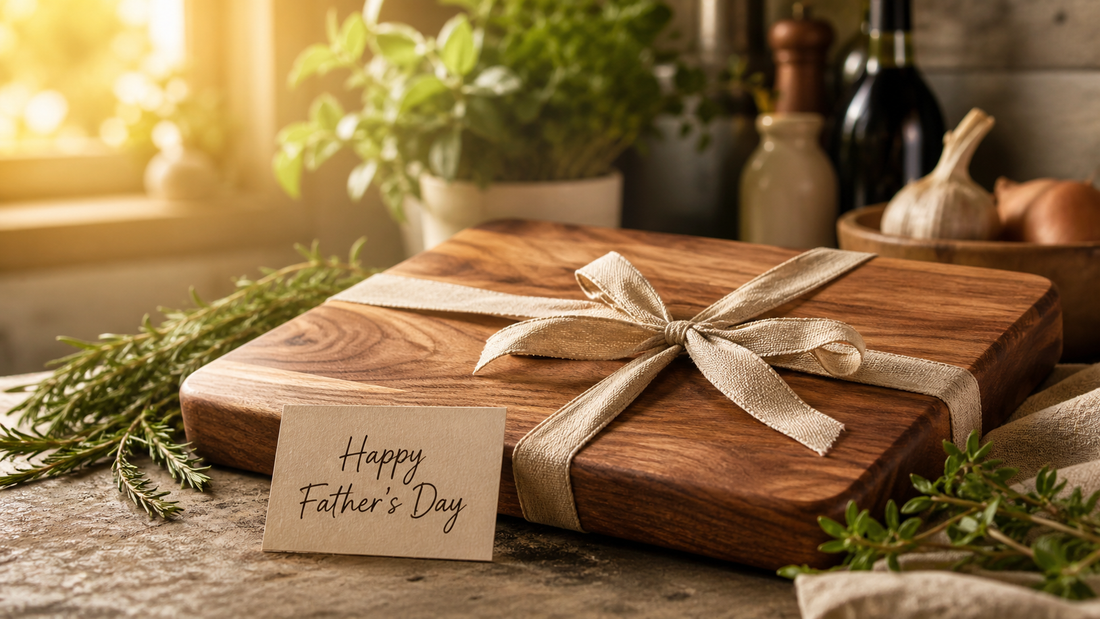 Premium walnut cutting board as Father's Day gift with ribbon and card