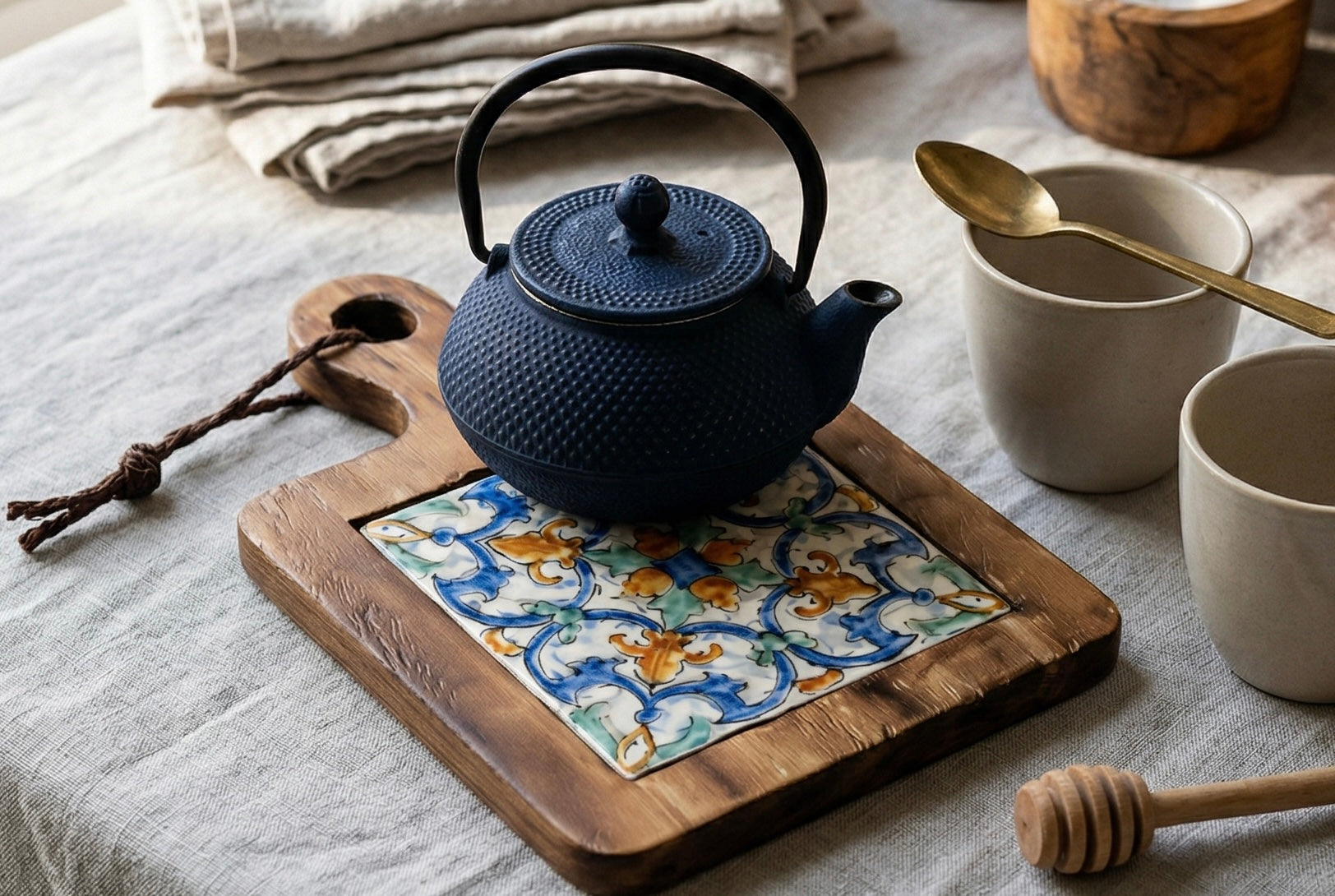 GrainGlow handcrafted acacia tile trivets styled on a spring gathering table