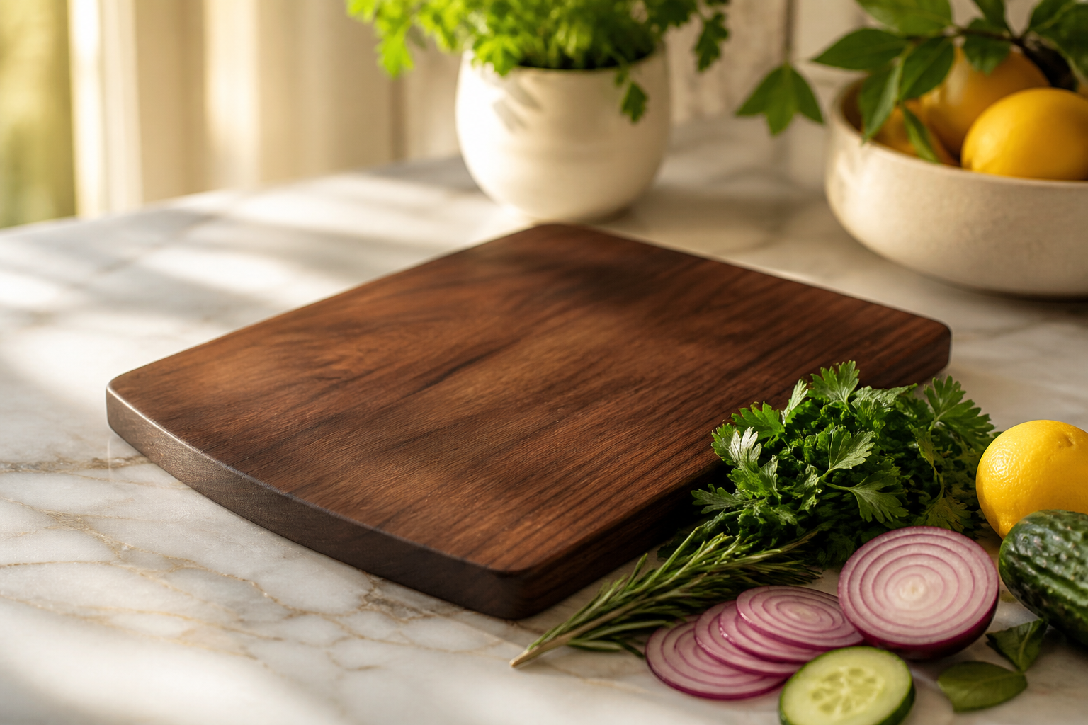 GrainGlow walnut cutting board with fresh herbs and vegetables on marble counter