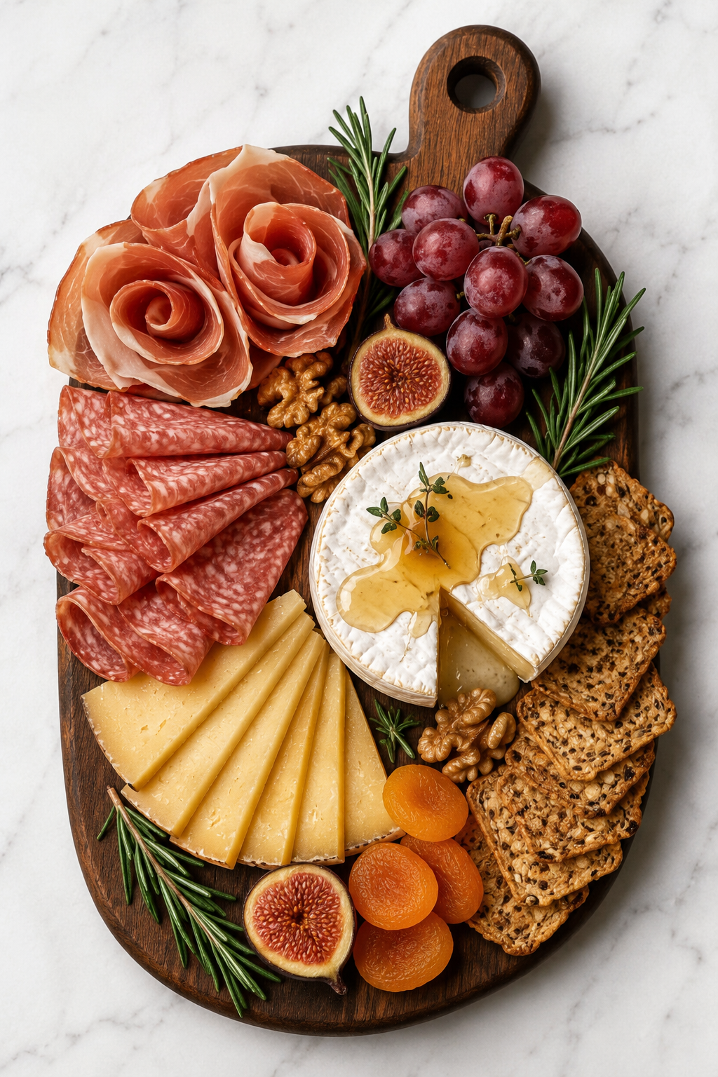 Beautifully styled charcuterie board on a GrainGlow walnut cutting board with meats, cheeses, grapes, figs, and rosemary