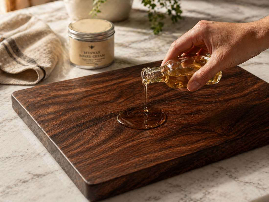 Pouring food-safe mineral oil onto a solid black walnut cutting board – GrainGlow care guide