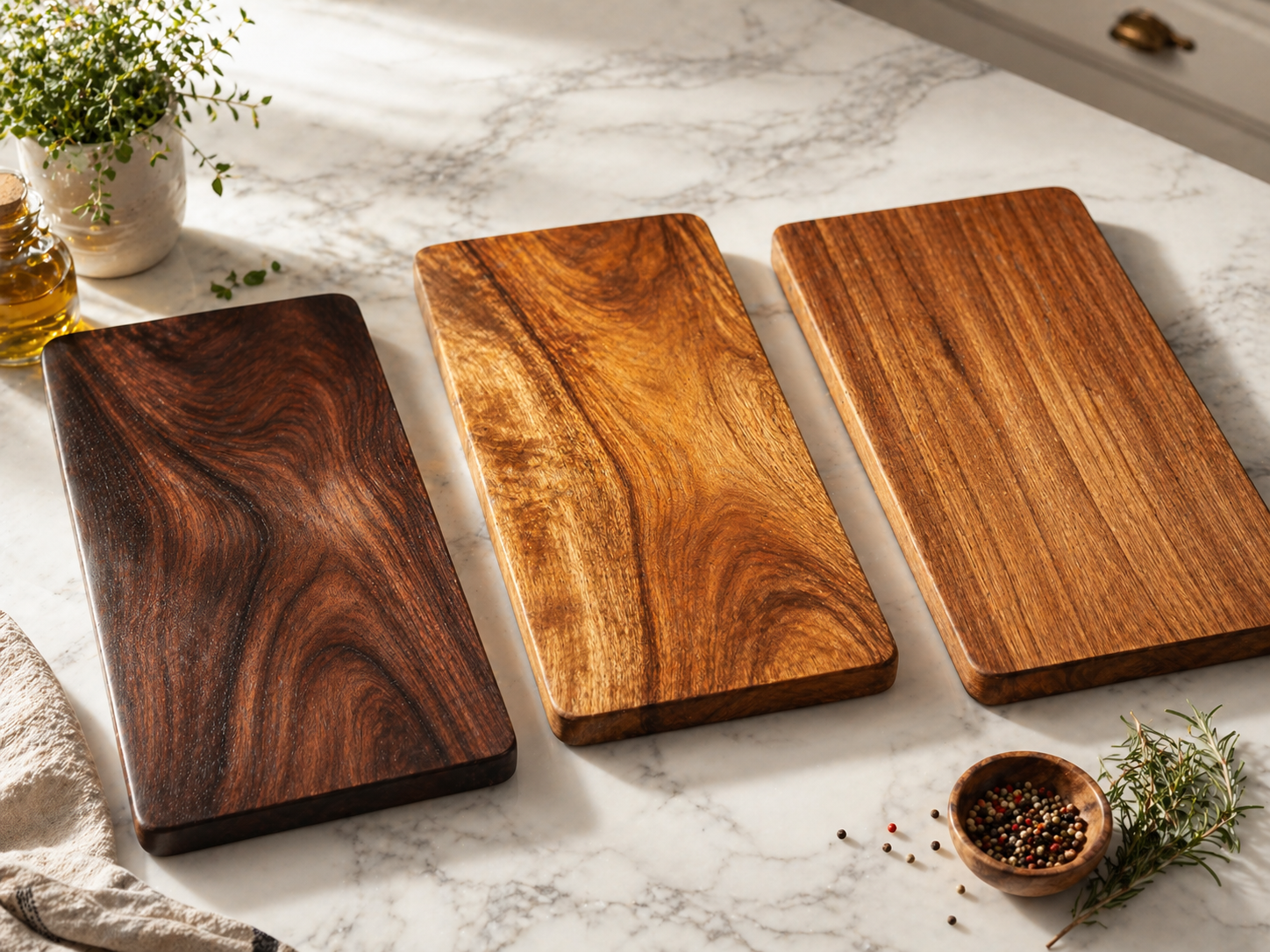 Three premium solid wood cutting boards side by side — black walnut, acacia, and Burmese teak — on a marble kitchen countertop