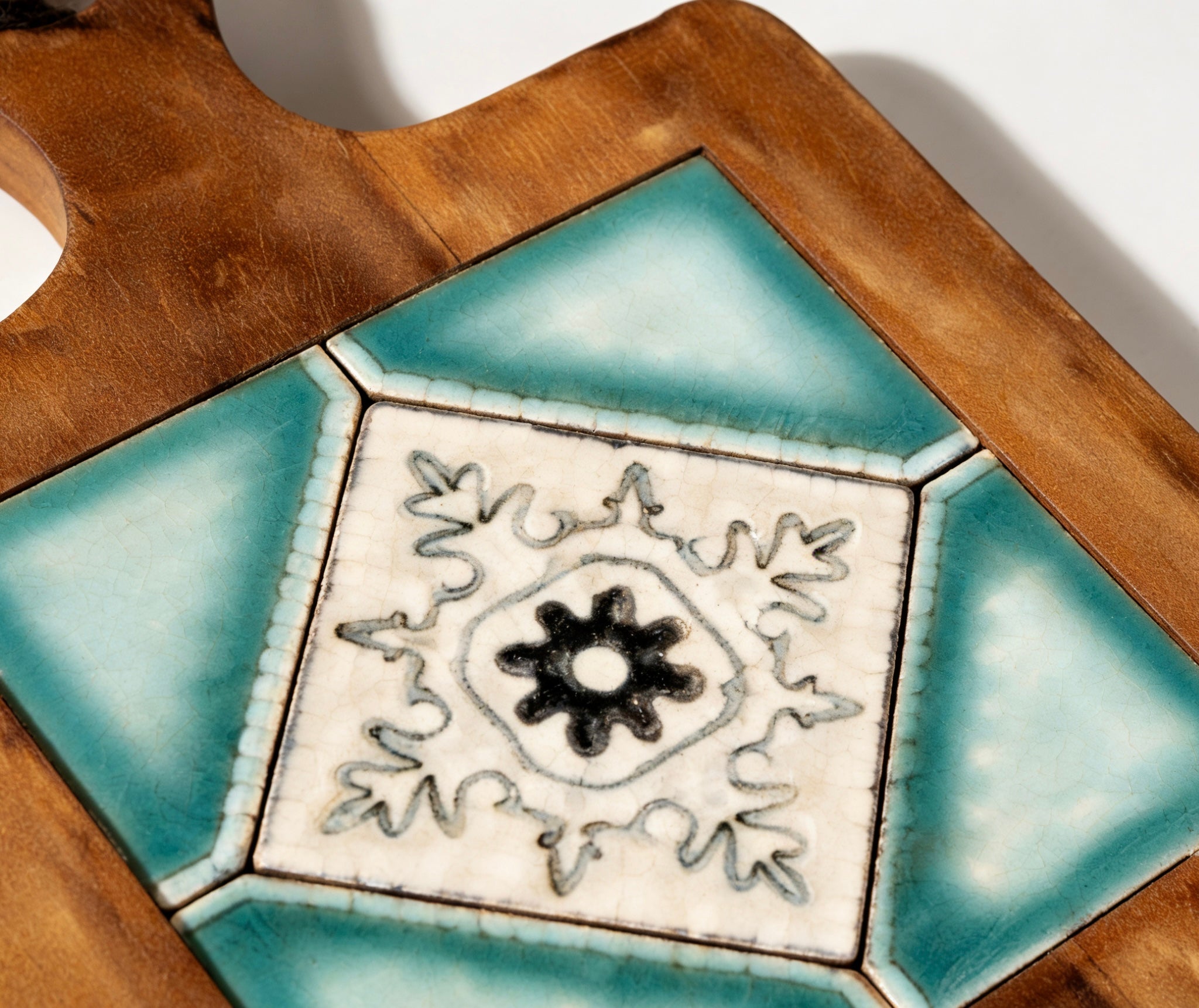 2cm thick solid acacia wood trivet in Azure Geometry style for daily kitchen use