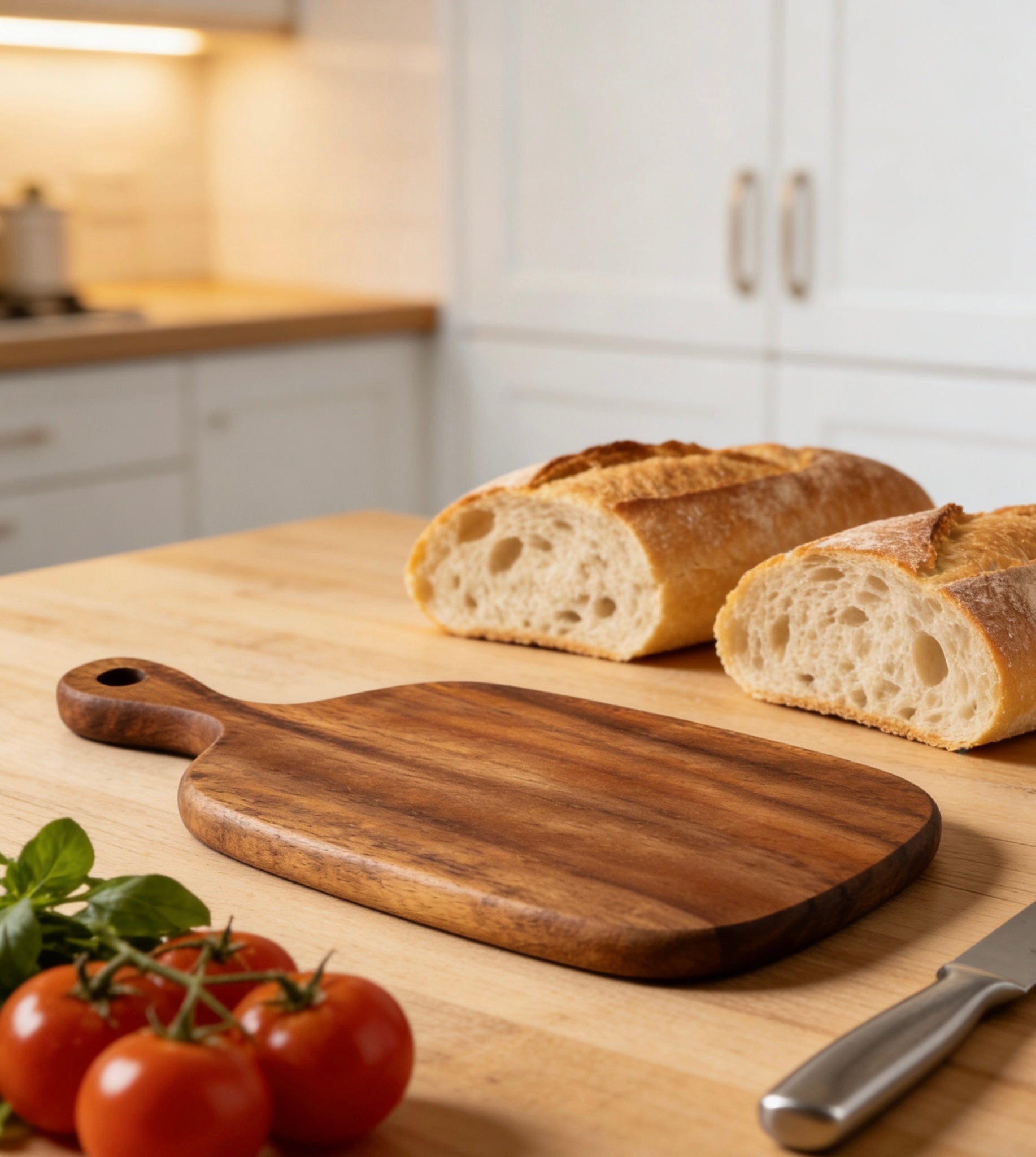Two sizes of Acacia cutting boards: 36.5cm Small and 38.5cm Large for daily prep and serving