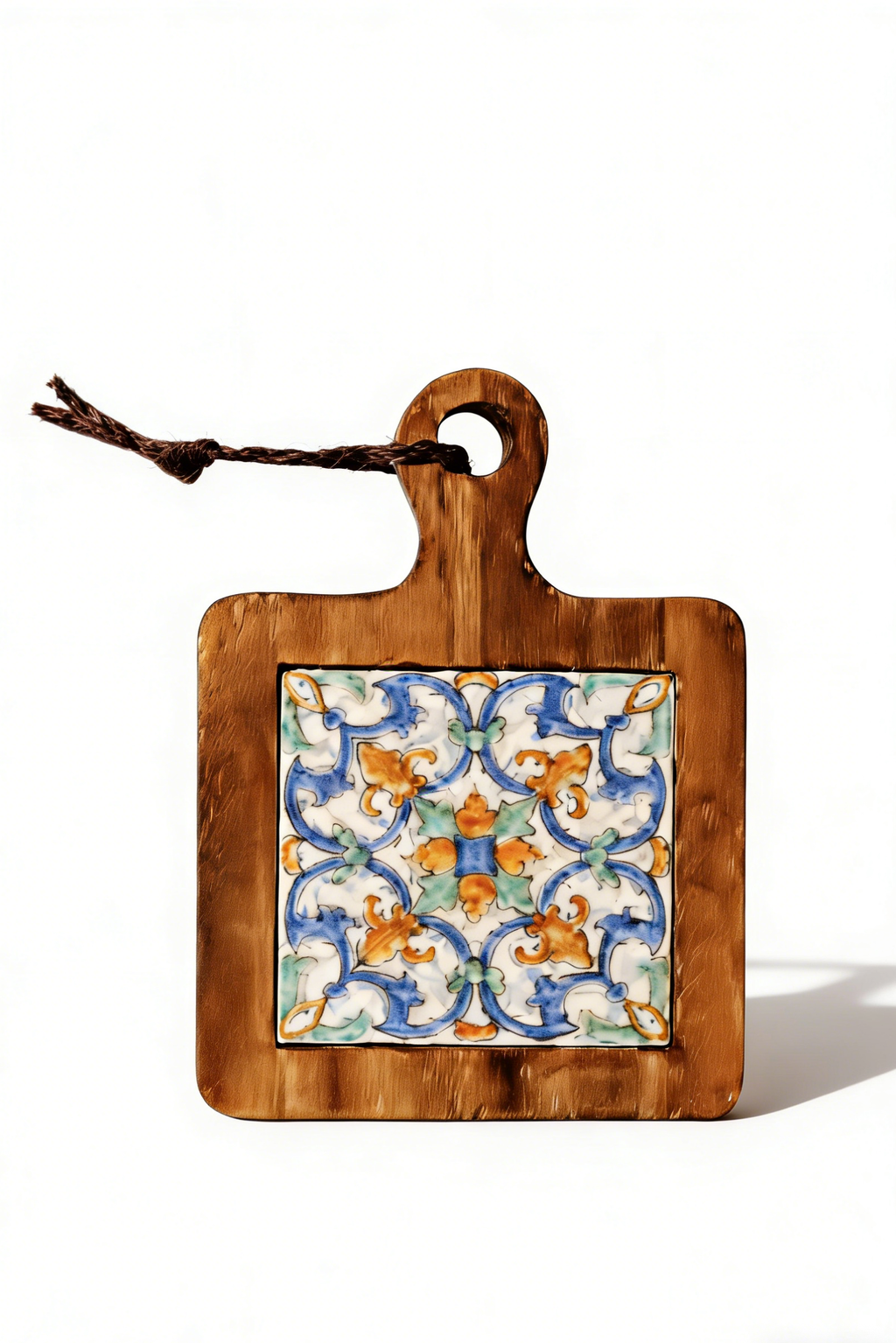GrainGlow Acacia Tile Trivet - Azure Bloom Series with Floral Ceramic Inlay