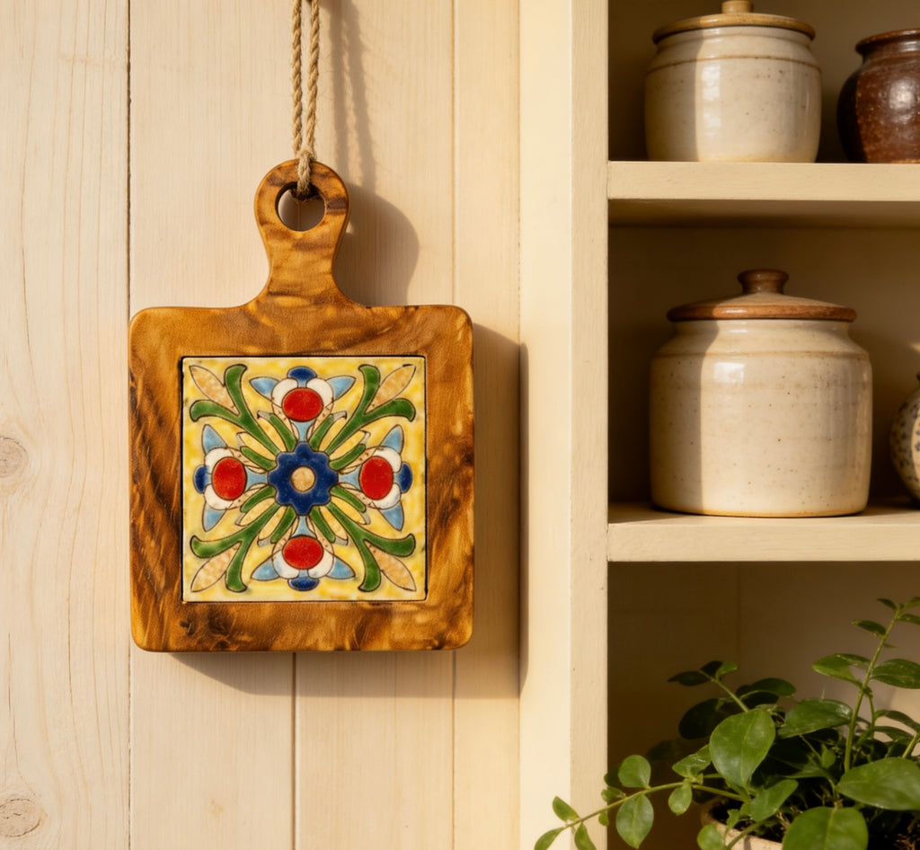 Vibrant Bloom acacia wood trivet with hanging loop used as kitchen wall decor
