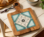 Modern Azure Geometry trivet with hanging loop used as geometric kitchen wall art