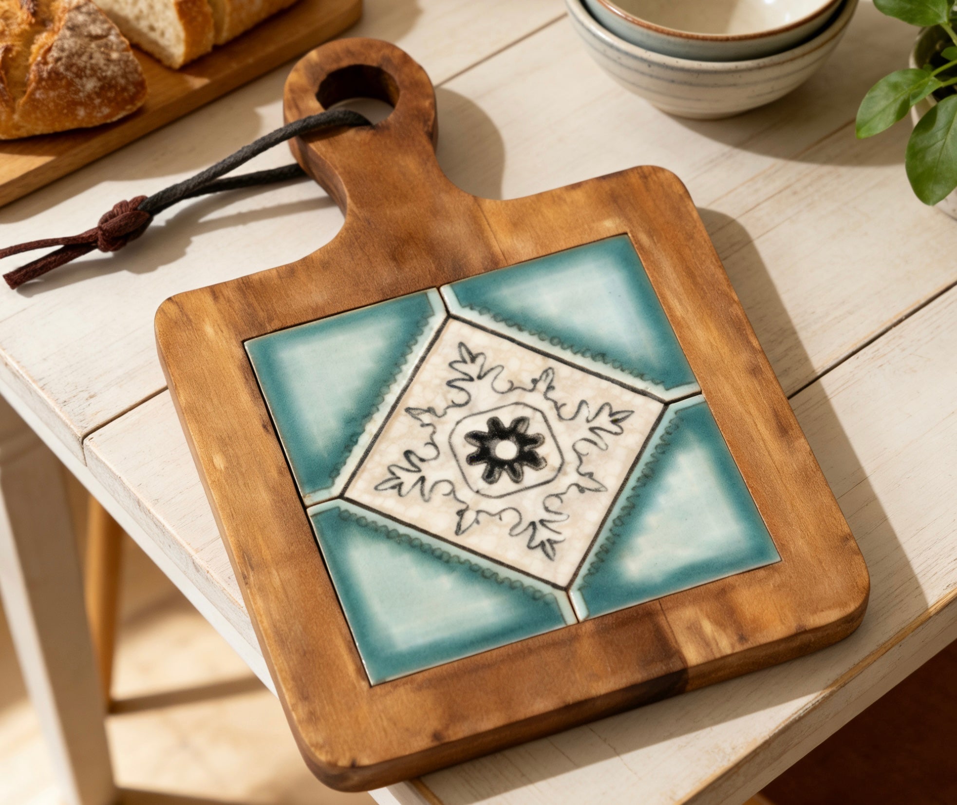 Modern Azure Geometry trivet with hanging loop used as geometric kitchen wall art