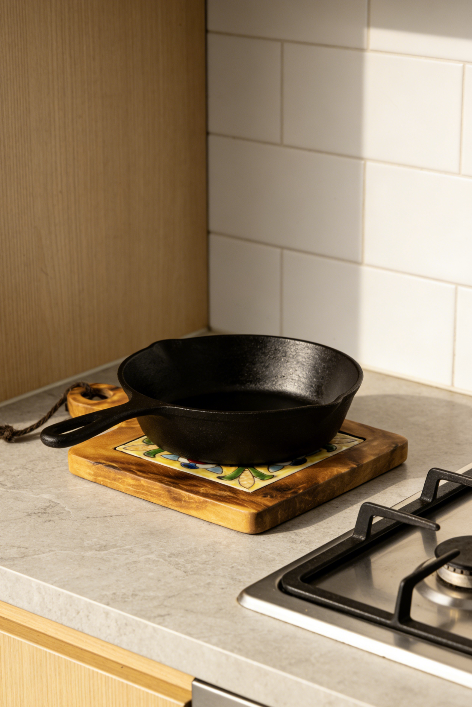 Vibrant Bloom acacia wood trivet safely protecting kitchen countertop from a hot cooking pot