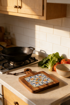 Azure Bloom acacia wood trivet safely protecting a marble counter from a hot teapot