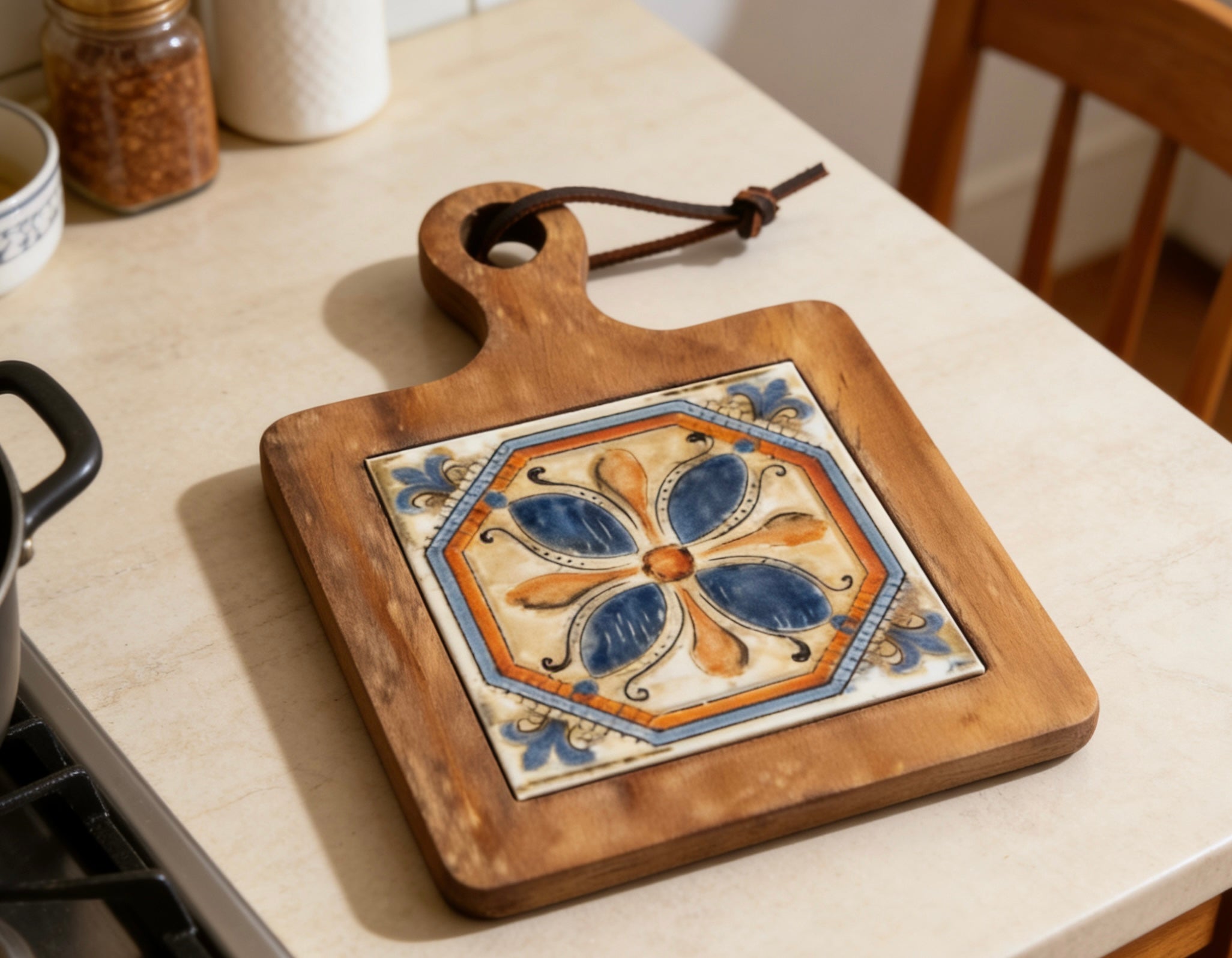 $20\times 14\text{ cm}$ Mediterranean Bloom acacia wood hot pad - Perfect size for teapots and small pans