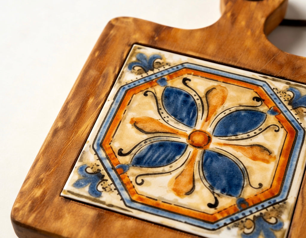 Close-up of the Mediterranean Bloom artisanal ceramic tile pattern with glowing acacia wood frame