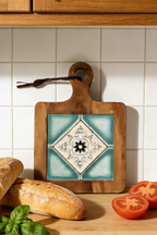 Azure Geometry acacia wood trivet used as a stylish coaster for coffee or teapot