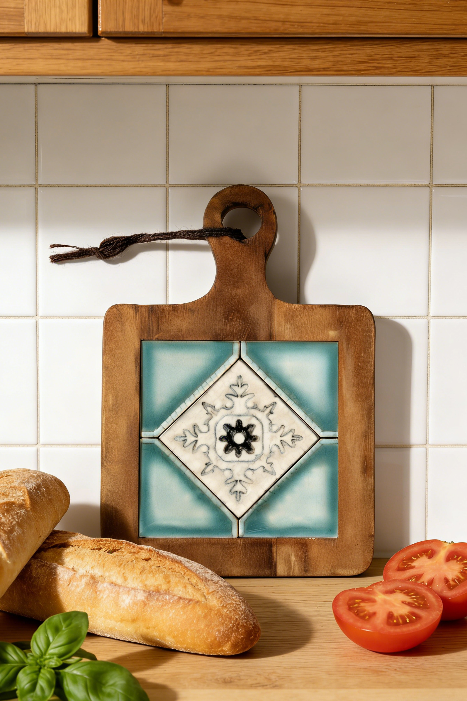 Azure Geometry acacia wood trivet used as a stylish coaster for coffee or teapot