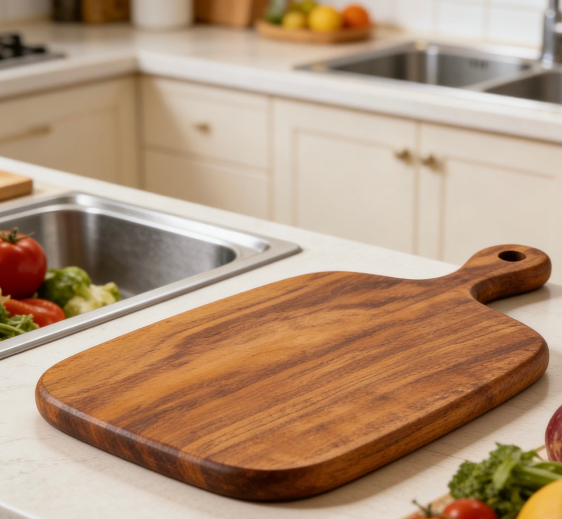 Handcrafted teak serving board for cheese and bread - Timeless kitchen aesthetic - GrainGlow
