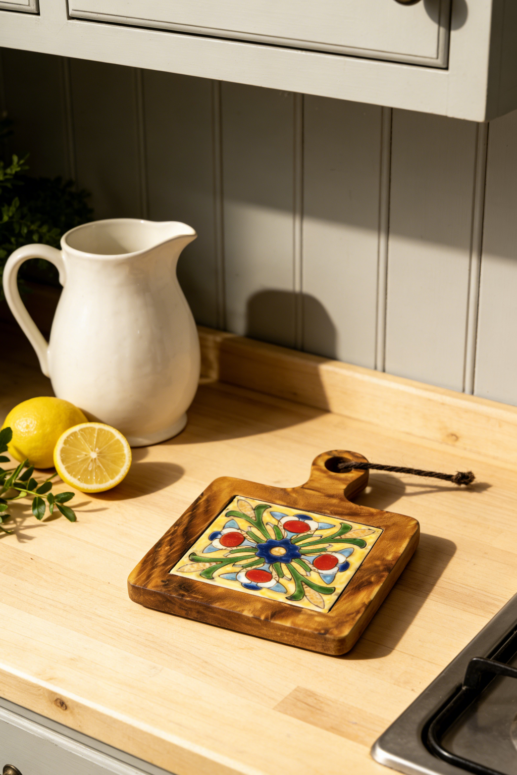 Vibrant Bloom heat-resistant acacia trivet used as an elegant teapot coaster for table setting